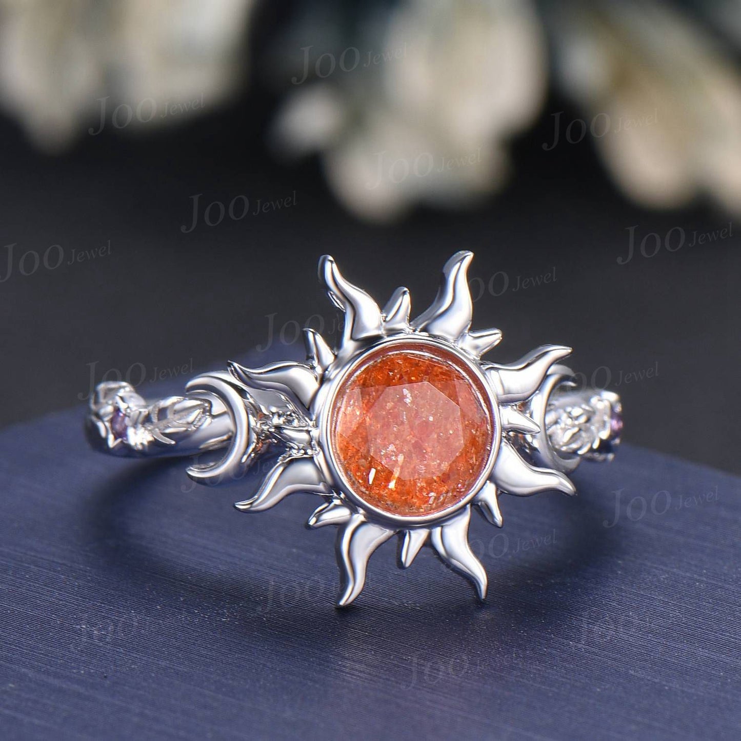 6mm Round Cut Natural Sunstone Sun Engagement Ring Unique Celestial Wedding Ring Moon Star & Sun Genuine Sunstone Jewelry Proposal Ring Gift