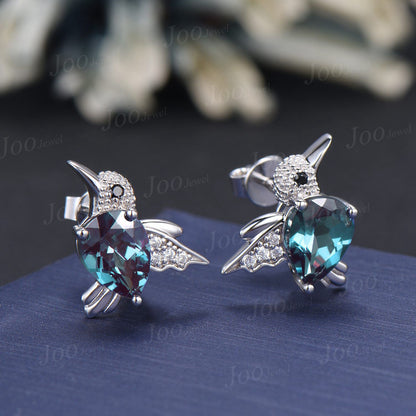 1.25ct Pear/Teardrop Cut Color-Change Alexandrite HummingBird Stud Earrings | Sterling Silver Hypoallergenic Alexandrite Earrings For Women