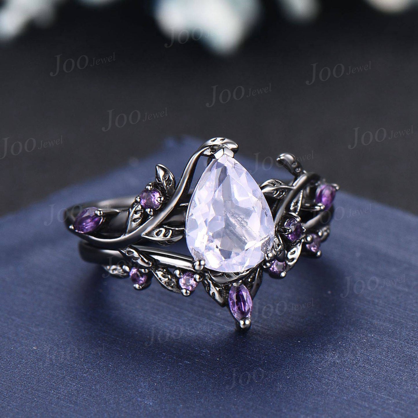 Natural Lavender Amethyst Engagement Ring Set Vintage Black Gold Wedding Ring 14K Solid Gold Pear Cut Light Purple Crystal Bridal Ring Women