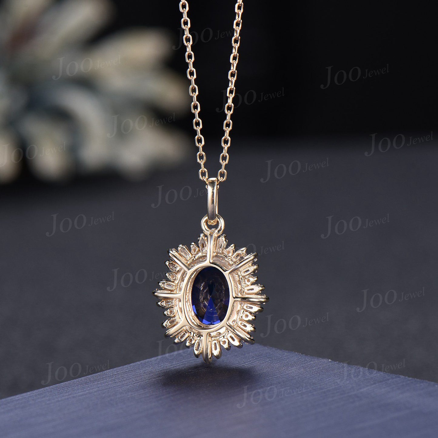 Noble Royal Oval Blue Sapphire Diamond Necklace 14K Rose Gold Double Halo Moissanite Wedding Bridal Pendant Unique September Birthstone Gift