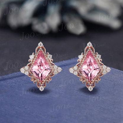 1ct Kite Cut Pink Padparadscha Earrings Filigree Design Stud Earrings Sterling Silver Vintage Art Deco Summer Candy Vacation Beach Earrings