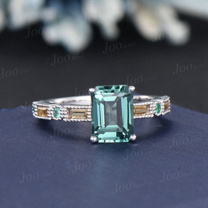 2ct Emerald Cut Green Sapphire Engagement Ring Half Eternity Blue-green Sapphire Ring Baguette Emerald&Citrine Wedding Band Anniversary Gift
