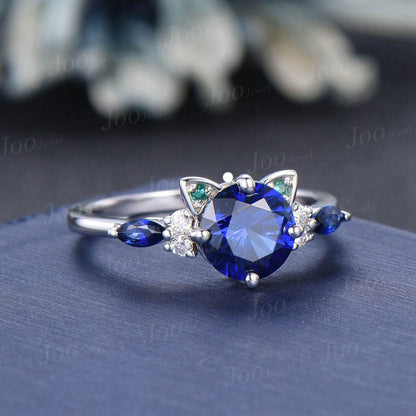 1.2ct Round Blue Sapphire Emerald Ring Peekaboo Kitten Cat Engagement Rings Vintage Sterling Silver Dainty Promise Ring Gifts for Daughter