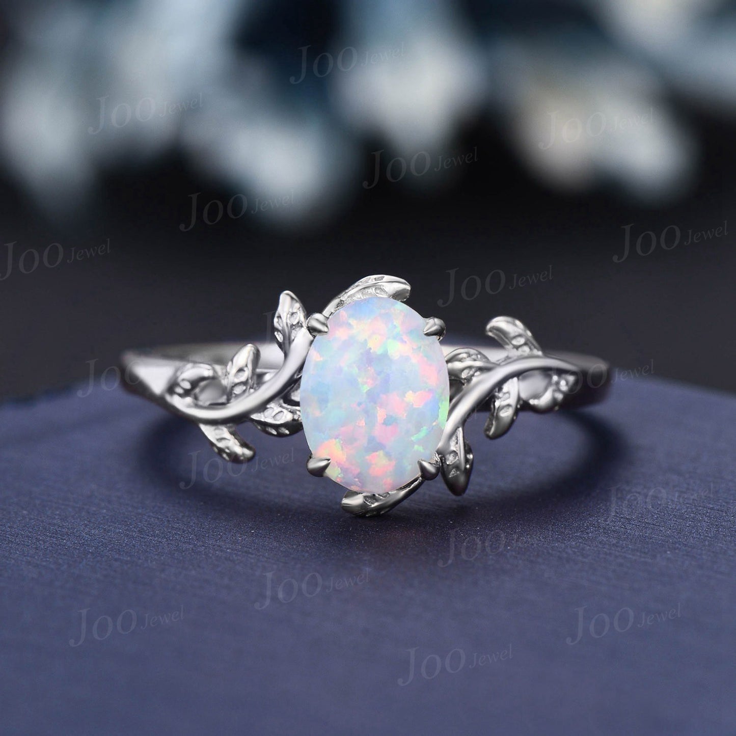 Nature Inspired White Fire Opal Solitaire Ring Set Sterling Silver Unique Vintage 1.5ct Oval Branch Twig Leaf Opal Honey Bee Wedding Ring