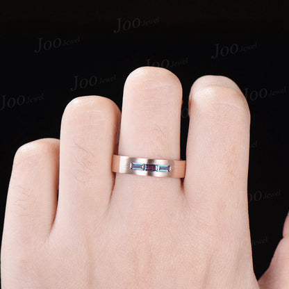 14K Rose Gold Color-Change Alexandrite Matte Wedding Band 6MM Mens Baguette Alexandrite Promise Rings Brushed Band Marriage Ring For Male