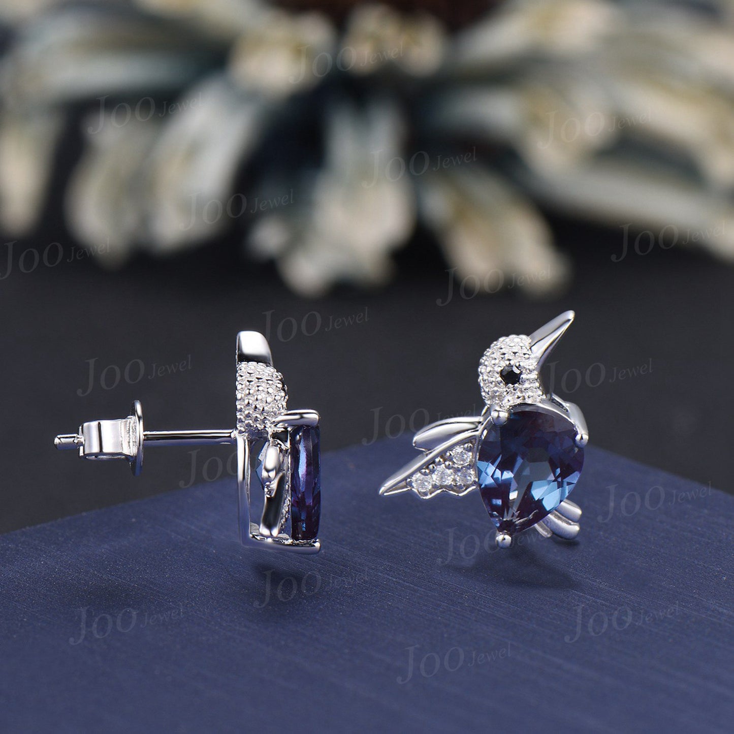 1.25ct Pear/Teardrop Cut Color-Change Alexandrite HummingBird Stud Earrings | Sterling Silver Hypoallergenic Alexandrite Earrings For Women