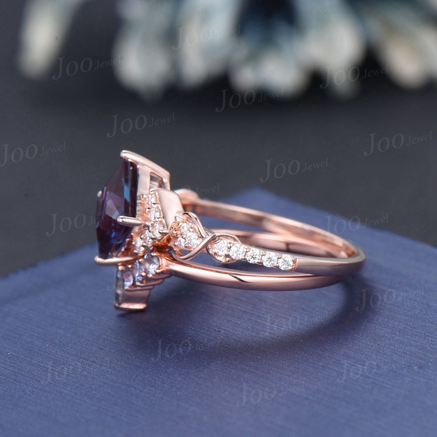 7mm Princess Cut Color-Change Alexandrite Moissanite Bridal Set 14K Rose Gold Half Eternity Wedding Ring Unique Twist Promise Ring for Women