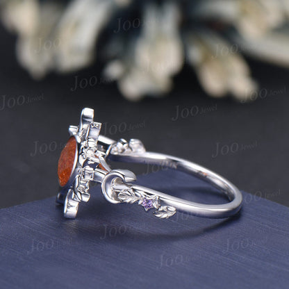 6mm Round Cut Natural Sunstone Sun Engagement Ring Unique Celestial Wedding Ring Moon Star & Sun Genuine Sunstone Jewelry Proposal Ring Gift
