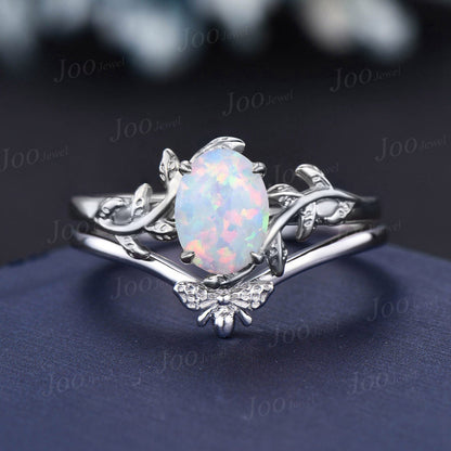 Nature Inspired White Fire Opal Solitaire Ring Set Sterling Silver Unique Vintage 1.5ct Oval Branch Twig Leaf Opal Honey Bee Wedding Ring