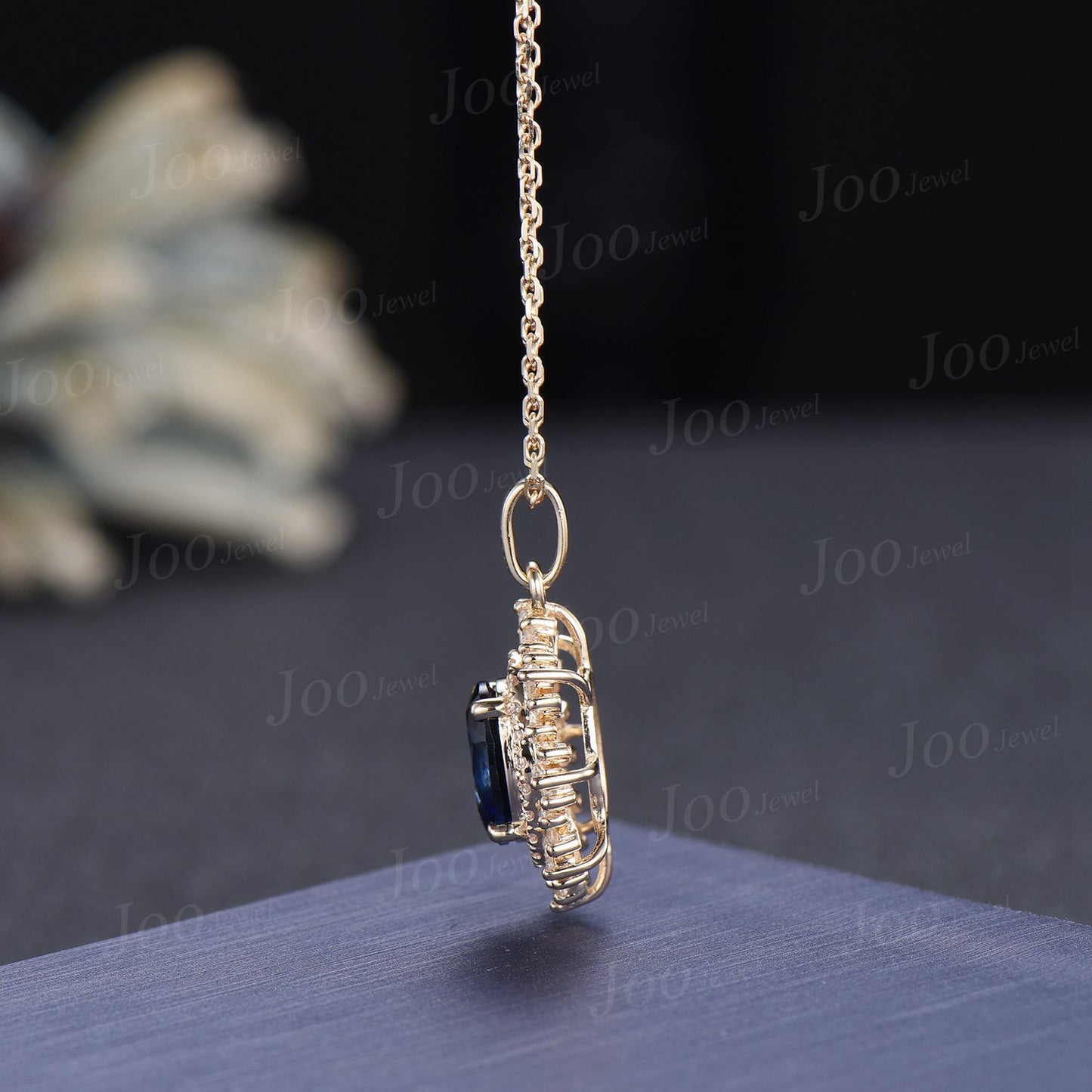 Noble Royal Oval Blue Sapphire Diamond Necklace 14K Rose Gold Double Halo Moissanite Wedding Bridal Pendant Unique September Birthstone Gift