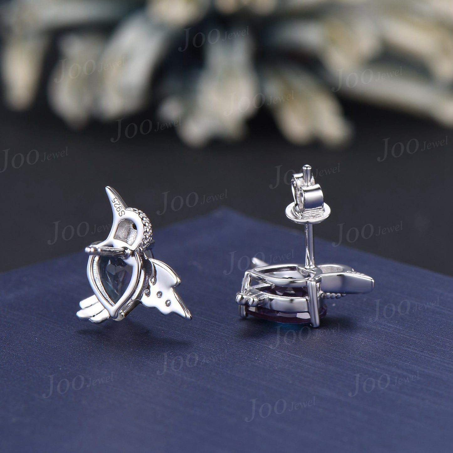1.25ct Pear/Teardrop Cut Color-Change Alexandrite HummingBird Stud Earrings | Sterling Silver Hypoallergenic Alexandrite Earrings For Women