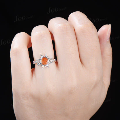 6mm Round Cut Natural Sunstone Sun Engagement Ring Unique Celestial Wedding Ring Moon Star & Sun Genuine Sunstone Jewelry Proposal Ring Gift