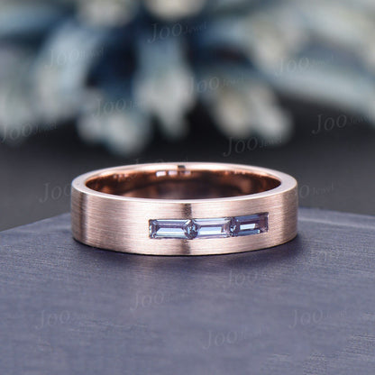 14K Rose Gold Color-Change Alexandrite Matte Wedding Band 6MM Mens Baguette Alexandrite Promise Rings Brushed Band Marriage Ring For Male