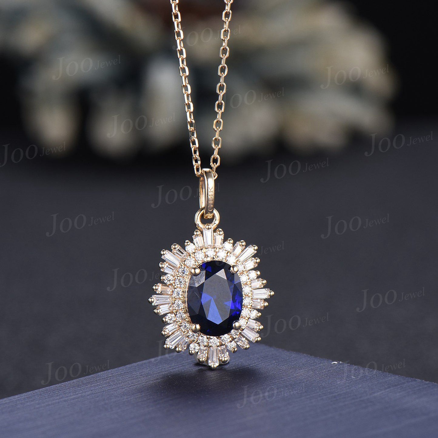 Noble Royal Oval Blue Sapphire Diamond Necklace 14K Rose Gold Double Halo Moissanite Wedding Bridal Pendant Unique September Birthstone Gift