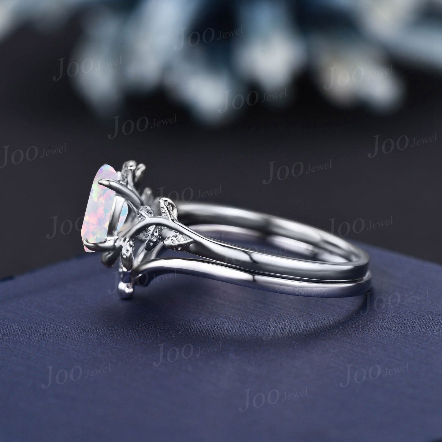 Nature Inspired White Fire Opal Solitaire Ring Set Sterling Silver Unique Vintage 1.5ct Oval Branch Twig Leaf Opal Honey Bee Wedding Ring