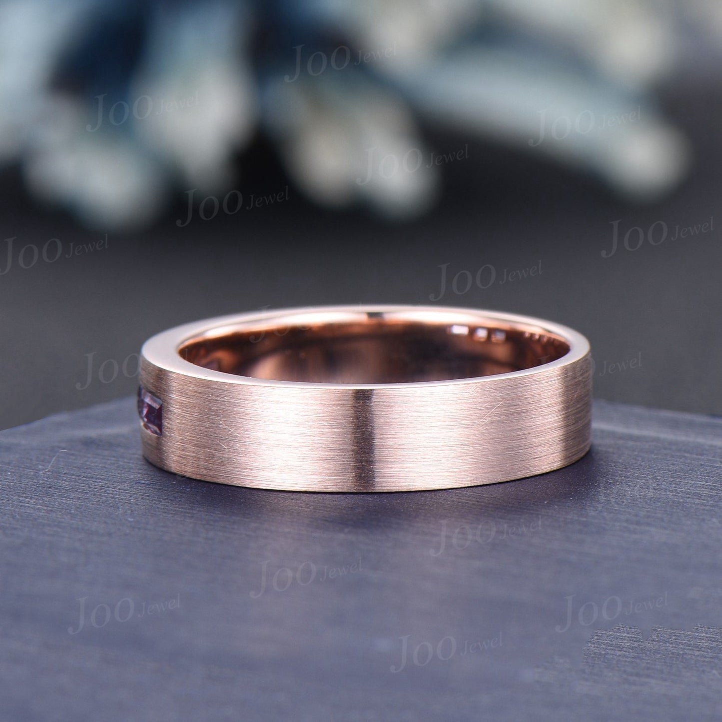 14K Rose Gold Color-Change Alexandrite Matte Wedding Band 6MM Mens Baguette Alexandrite Promise Rings Brushed Band Marriage Ring For Male