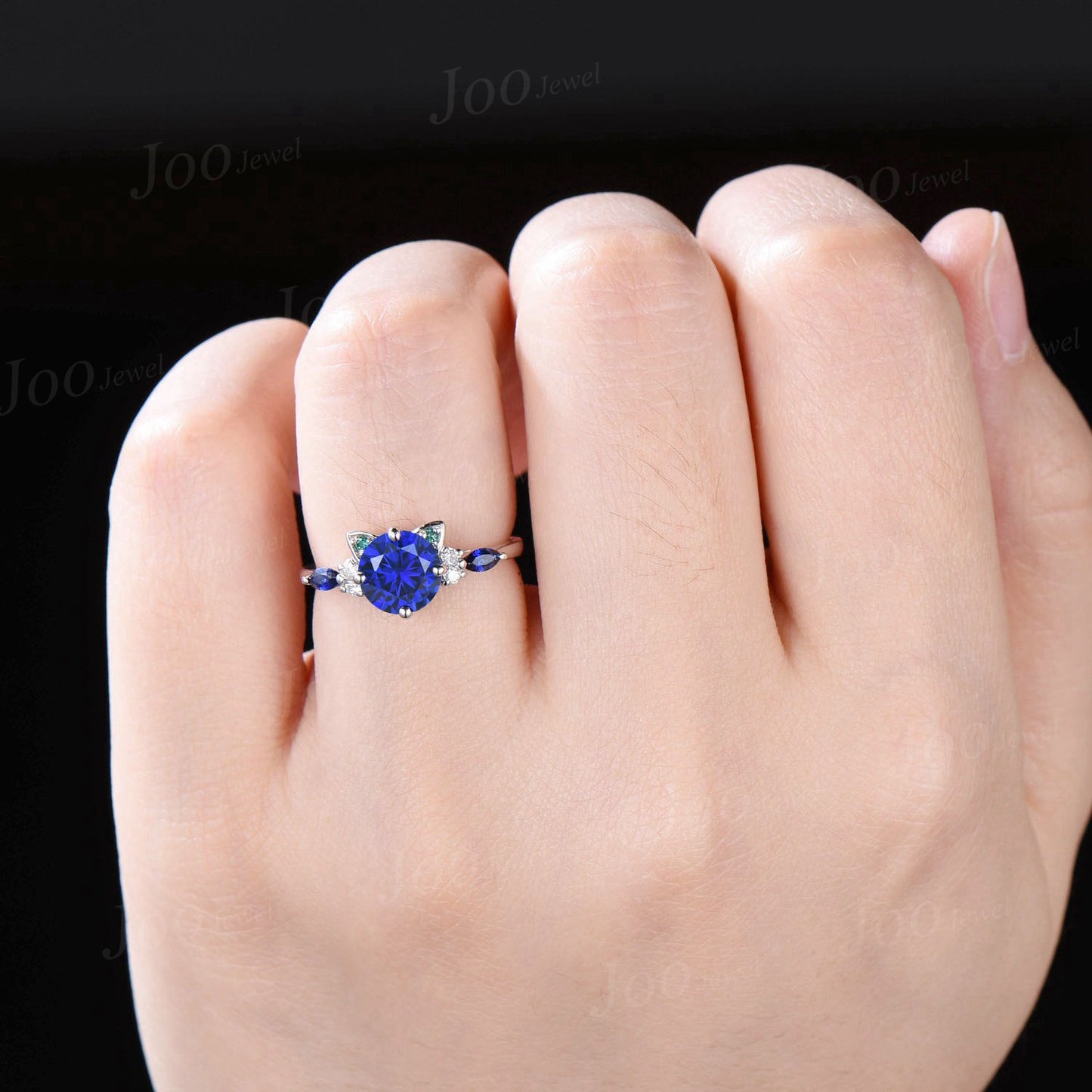 1.2ct Round Blue Sapphire Emerald Ring Peekaboo Kitten Cat Engagement Rings Vintage Sterling Silver Dainty Promise Ring Gifts for Daughter