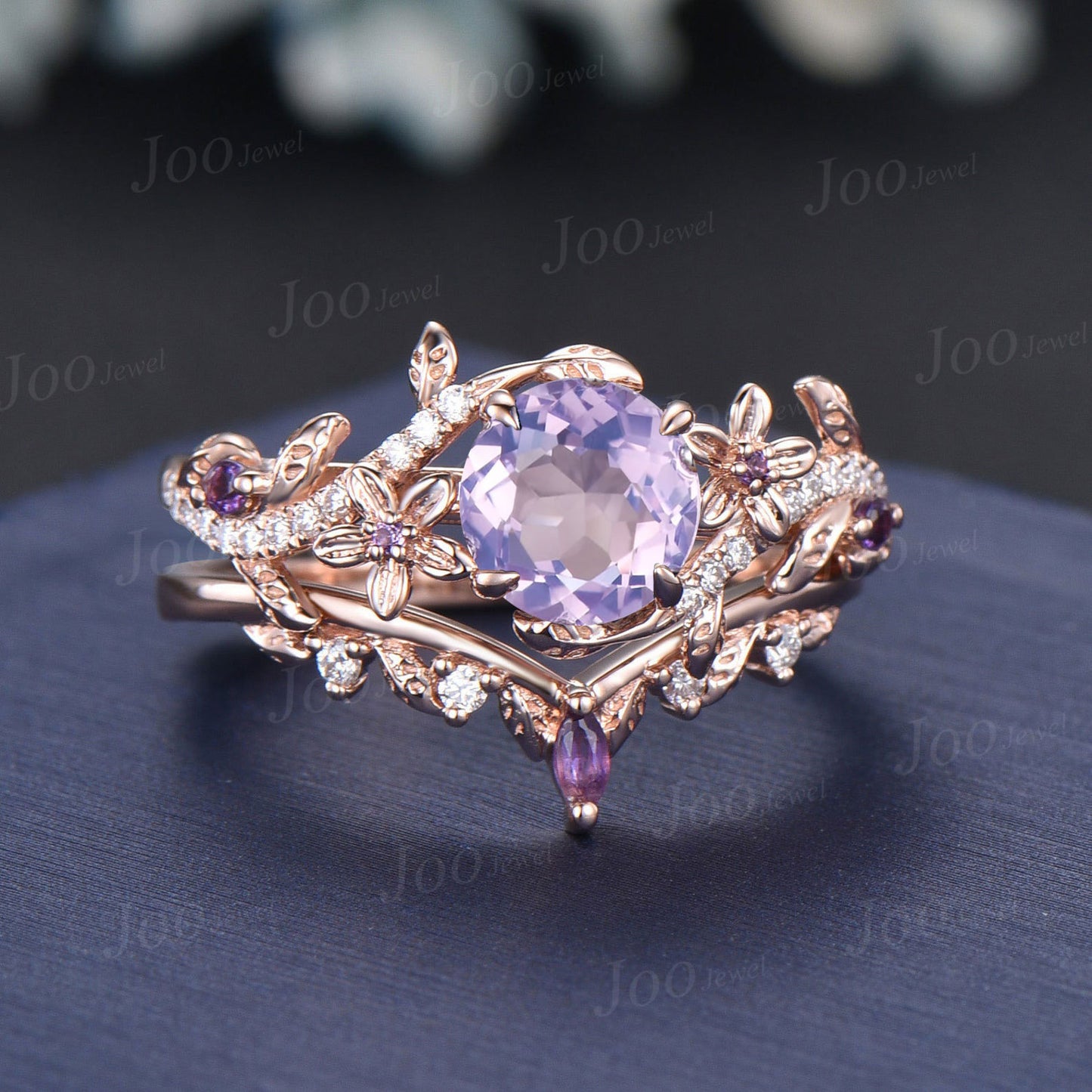 Natural Lavender Amethyst Diamond Ring Set 14K Rose Gold Nature Inspired Branch Floral Leaf Purple Crystal Amethyst Bridal Wedding Ring Set