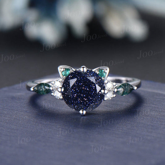 Cat Engagement Ring 1.2ct Galaxy Blue Goldstone Emerald Agate Ring Sterling Silver Round Cut Promise Wedding Ring Gifts for Kitten Cat Lover
