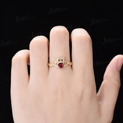 Unique Branch Twig Vine Owl Engagement Ring 14K Yellow Gold Natural Red Garnet Wedding Ring January Birthstone Jewelry Antique Birthday Gift