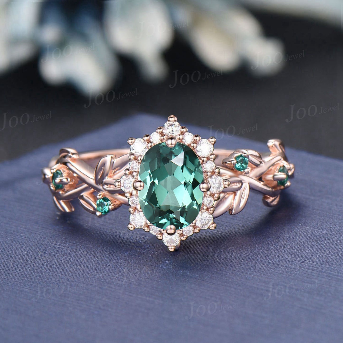 1.5ct Oval Green Sapphire Emerald Halo Moissanite Engagement Ring Nature Inspired Green Emerald Leaf Wedding Ring Unique Anniversary Gifts