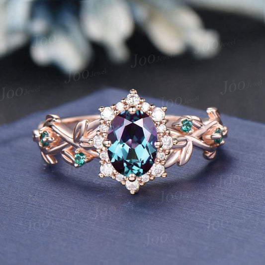 Oval Cut Color-Change Alexandrite Engagement Ring Rose Gold Halo Leaf Diamond Emerald Ring Vintage Art Deco Wedding Promise Ring Women Gifts