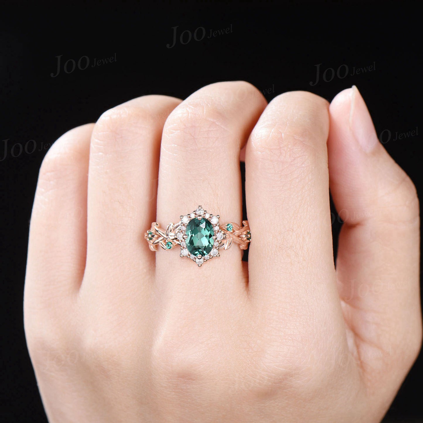 1.5ct Oval Green Sapphire Emerald Halo Moissanite Engagement Ring Nature Inspired Green Emerald Leaf Wedding Ring Unique Anniversary Gifts