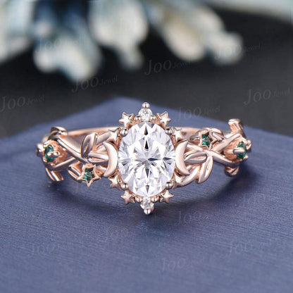 Moon Star Engagement Rings 1.5ct Oval Wedding Ring Moissanite Halo Promise Rings 14K Rose Gold Nature Inspired Leaf Crossover Emerald Ring