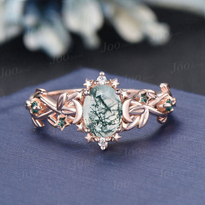 Moon Star Design Natural Oval Moss Agate Engagement Ring Green Emerald Leaf Branch Wedding Ring Solid 14K Rose Gold Anniversary Bridal Rings