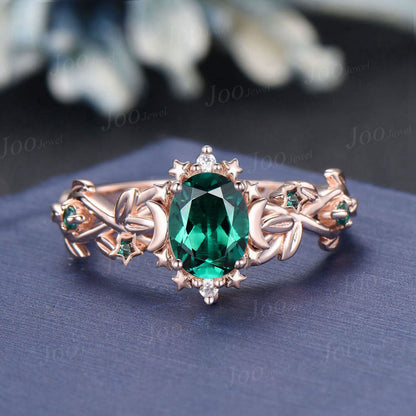 Green Emerald Moon Star Design Engagement Ring 1.5ct Oval Wedding Ring Nature Inspired Green Emerald Leaf Wedding Ring May Birthstone Gifts