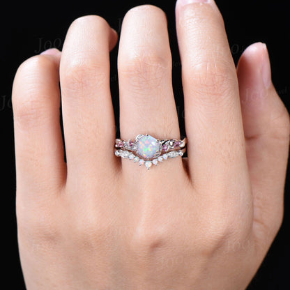 Nature Inspired Twig Opal Pink Tourmaline Ring Set Sterling Silver 1ct Hexagon Branch Wedding Ring Unique October Birthstone Birthday Gifts