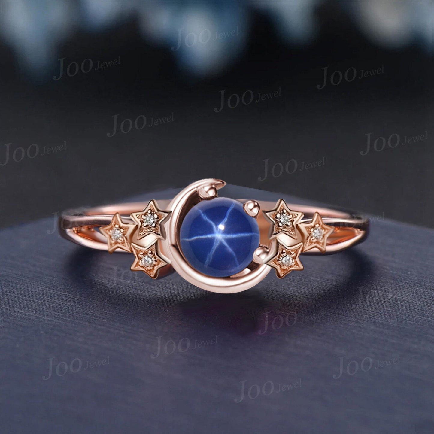 5mm Round Star Sapphire Moon Star Engagement Ring Cluster Wedding Ring Split Shank Band Unique Personalized Anniversary/Promise Ring for Her