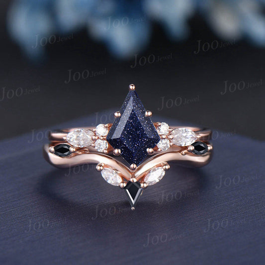 Galaxy Blue Goldstone Kite Engagement Ring Set 14K Rose Gold Marquise Moissanite Black Spinel Bridal Ring Unique Anniversary/Promise Gifts