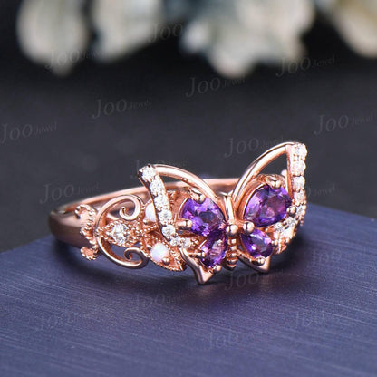 Unique Amethyst Opal Butterfly Engagement Ring 14K Solid Rose Gold Filigree Hollow Crafts Vintage Fantasy Bridal Set Butterfly Wedding rings