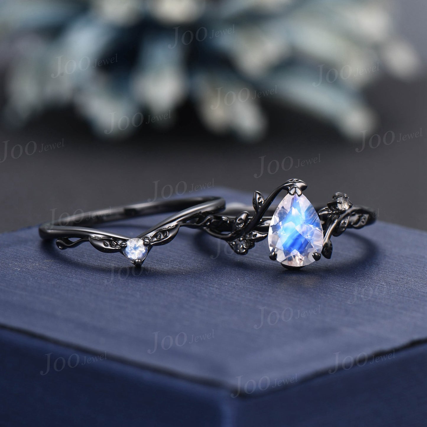 14K Black Gold Engagement Ring Pear Cut Rainbow Moonstone Ring Set Branch Leaf Natural Moonstone Bridal Set Blue Gemstone Ring Proposal Gift