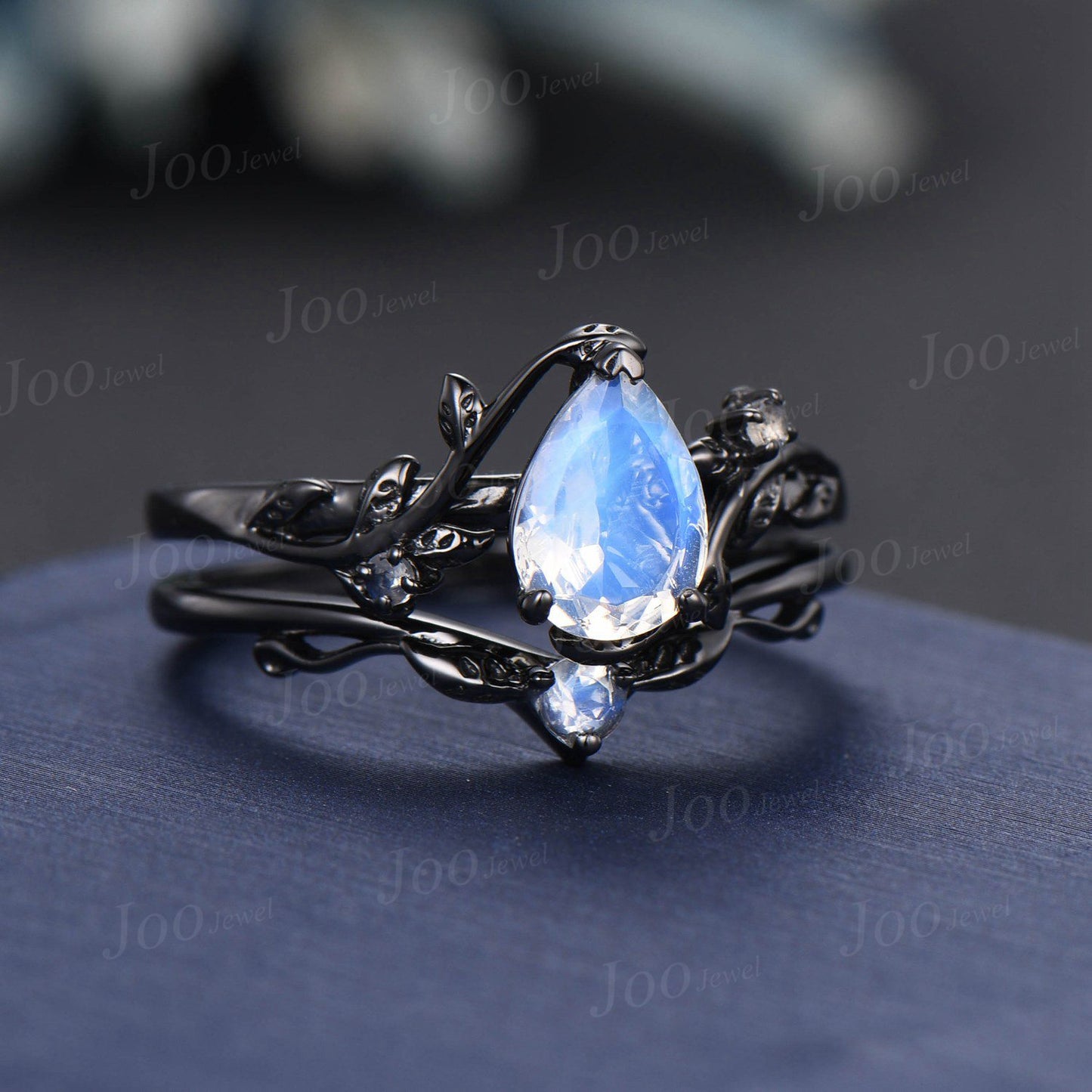 14K Black Gold Engagement Ring Pear Cut Rainbow Moonstone Ring Set Branch Leaf Natural Moonstone Bridal Set Blue Gemstone Ring Proposal Gift