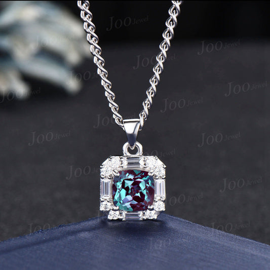 Cushion Cut Alexandrite Pendant Necklace Women Solid 14K/18K Gold Color-Change Gemstone Pendant June Birthstone Birthday/Anniversary Gifts