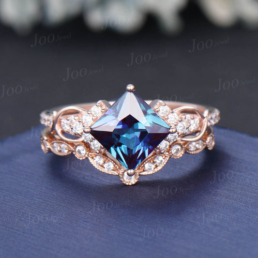 Princess Cut Color-Change Alexandrite Wedding Ring Set Rose Gold Half Eternity Moissanite Ring Unique Infinity Love Promise/Anniversary Ring