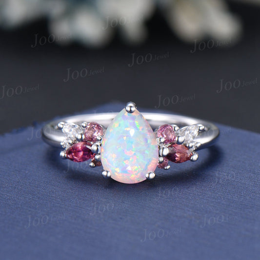 White Opal Ring 10K/14K/18K Rose Gold Opal Cluster Engagement Ring Real Pink Tourmaline Wedding Ring October Birthstone Jewelry Gift Women