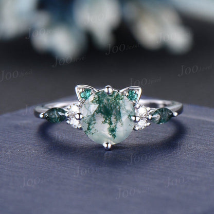 Cat Engagement Ring Vintage 1.2ct Natural Moss Agate Emerald Cat Cut Promise Wedding Ring Peekaboo Kitten Green Gemstone Gifts for Cat Lover