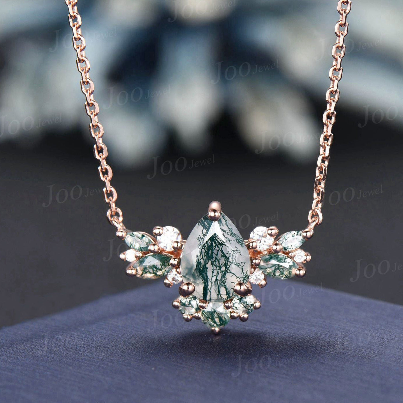Natural Pear Moss Agate Necklace 14K/18K Rose Gold Green Gemstone Necklace Vintage Cluster Marquise Moss Agate Moissanite Butterfly Pendant
