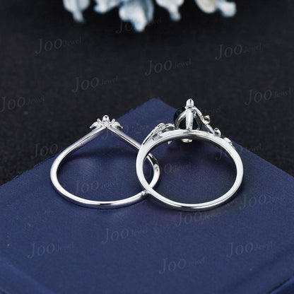 Vintage 1.25ct Pear Shaped Color-Change Alexandrite Engagement Ring Set Women Unique Moissanite Alexandrite Bridal Set Art Deco Promise Band