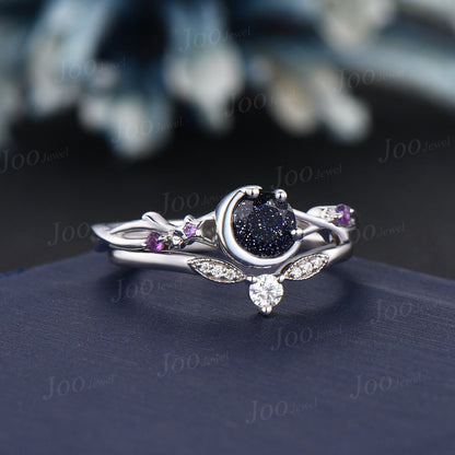 Sterling Silver Twig Vine Galaxy Blue Goldstone Amethyst Bridal Set Celestial Moon Ring Round Starry Night Blue Sandstone Wedding Ring Women