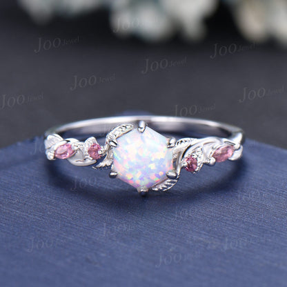 Nature Inspired Twig Opal Pink Tourmaline Ring Set Sterling Silver 1ct Hexagon Branch Wedding Ring Unique October Birthstone Birthday Gifts