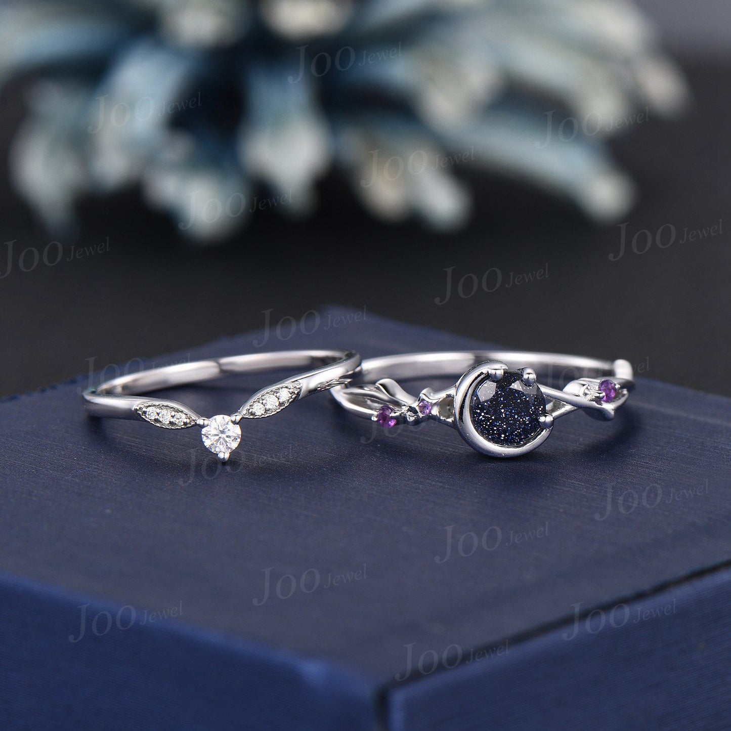 Sterling Silver Twig Vine Galaxy Blue Goldstone Amethyst Bridal Set Celestial Moon Ring Round Starry Night Blue Sandstone Wedding Ring Women