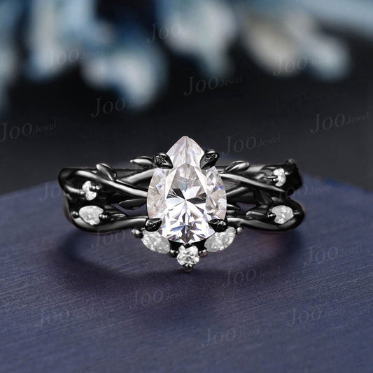 14K Black Gold Moissanite Engagement Ring Set Twig Vine Gothic Promise Ring Pear Moissanite Wedding Ring Nature Inspired Bridal Ring Women