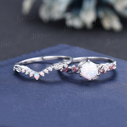 Nature Inspired Twig Opal Pink Tourmaline Ring Set Sterling Silver 1ct Hexagon Branch Wedding Ring Unique October Birthstone Birthday Gifts