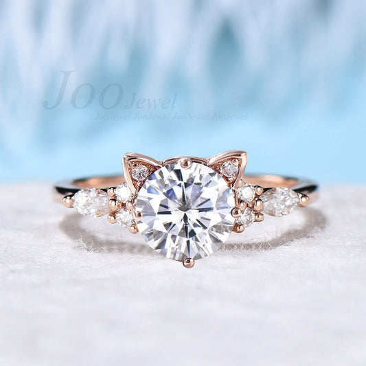 1.2ct Round Moissanite Cat Engagement Ring 14K Rose Gold Animal Cat Shaped Wedding Promise Ring Peekaboo Kitten Unique Gifts for Cat Lover