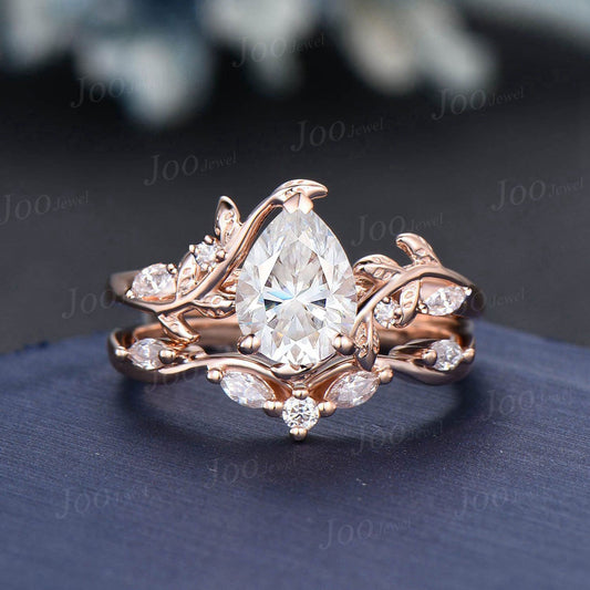 Pear Moissanite Engagement Ring Set 10K Rose Gold Teardrop Moissanite Wedding Ring Nature Inspired Ring Diamond Bridal Set