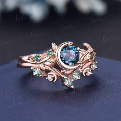 Crescent Moon Star Alexandrite Engagement Ring Set Round Color-Change Alexandrite Emerald Nature Bridal Ring Branch Moss Agate Wedding Ring